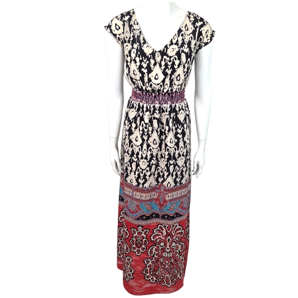 Anthropologie Vanessa Virginia Silk Maxi Dress Womens 2 Red Black Eclectic Artsy - Picture 2 of 12